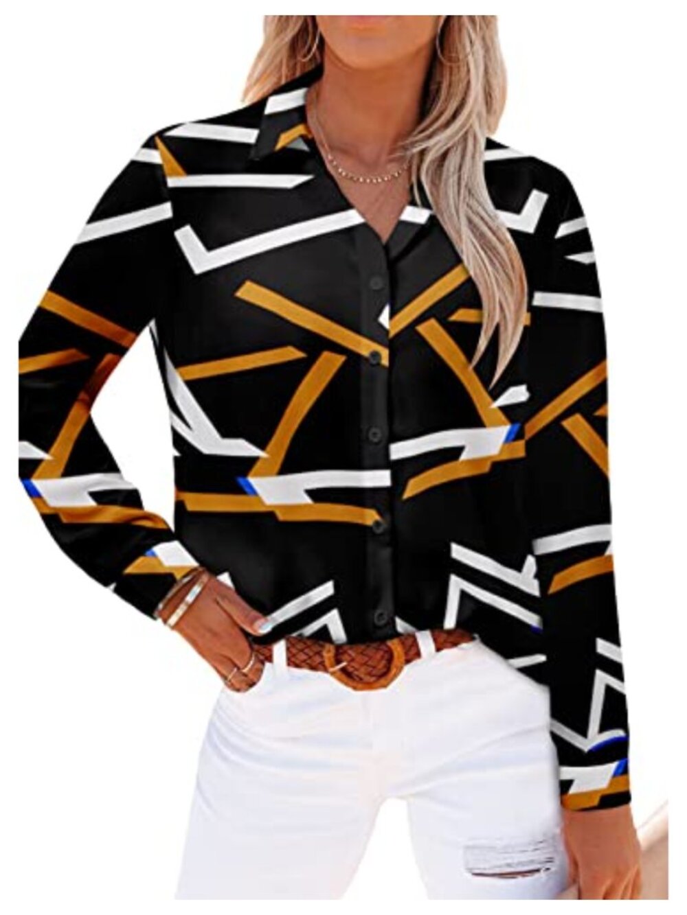Women's Long Sleeve V Neck Blouse Casual Loose Fit Button Up Top
